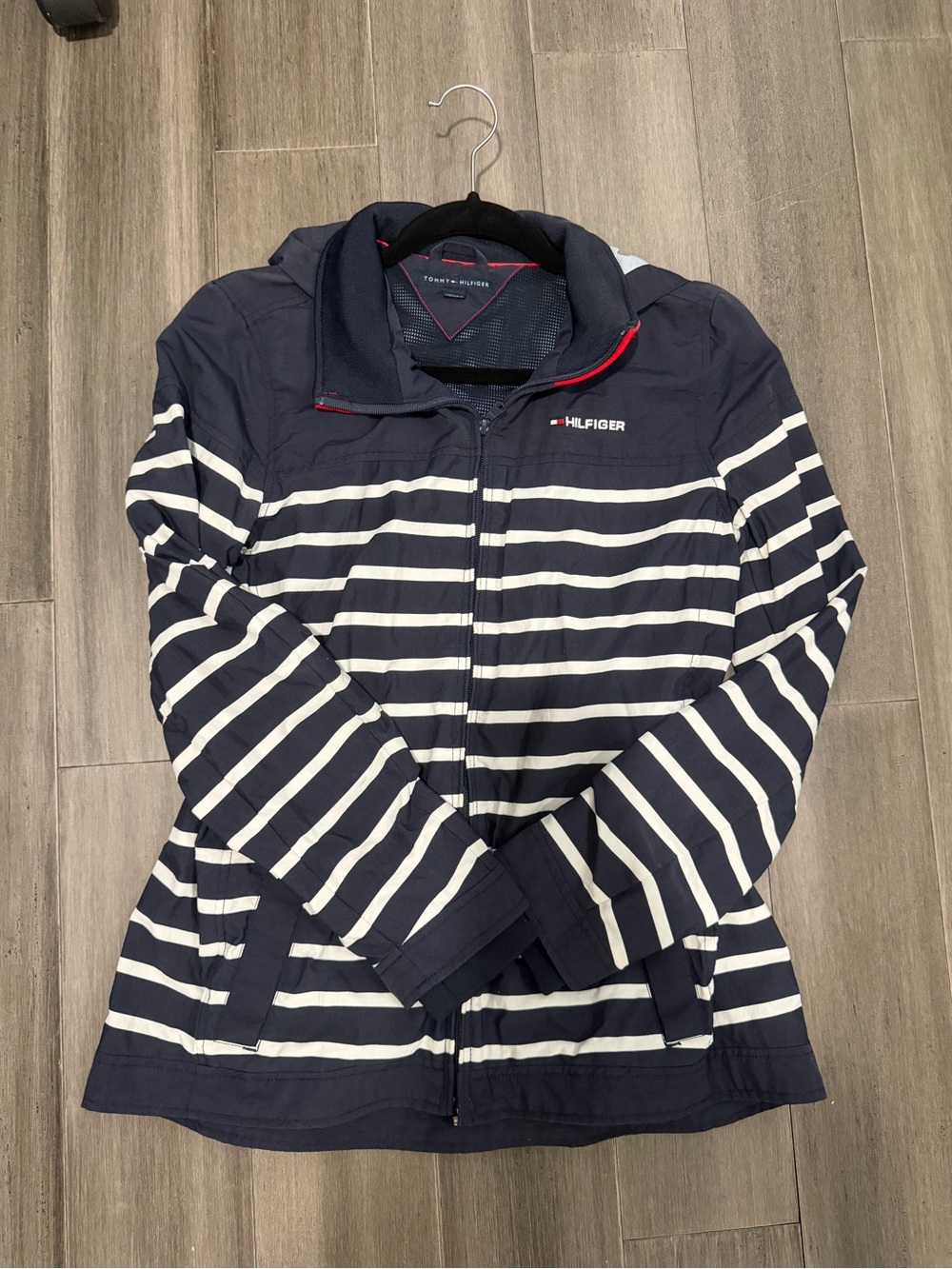 Tommy Hilfiger Navy & White Striped Hooded Utility Jacket with Red Trim